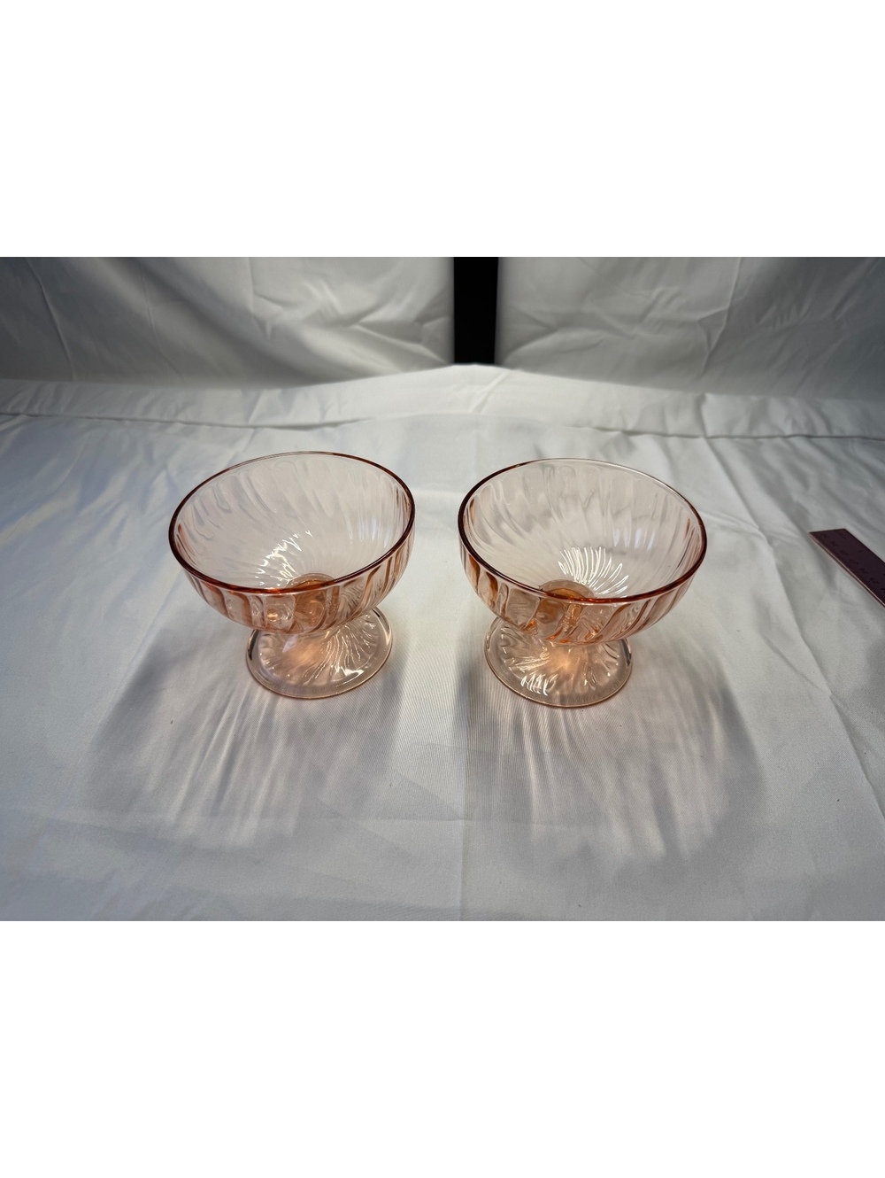 Pair Pink Depression Glass Spiral Optic Pedestal Candy Dishes Swirl Bowls 5”